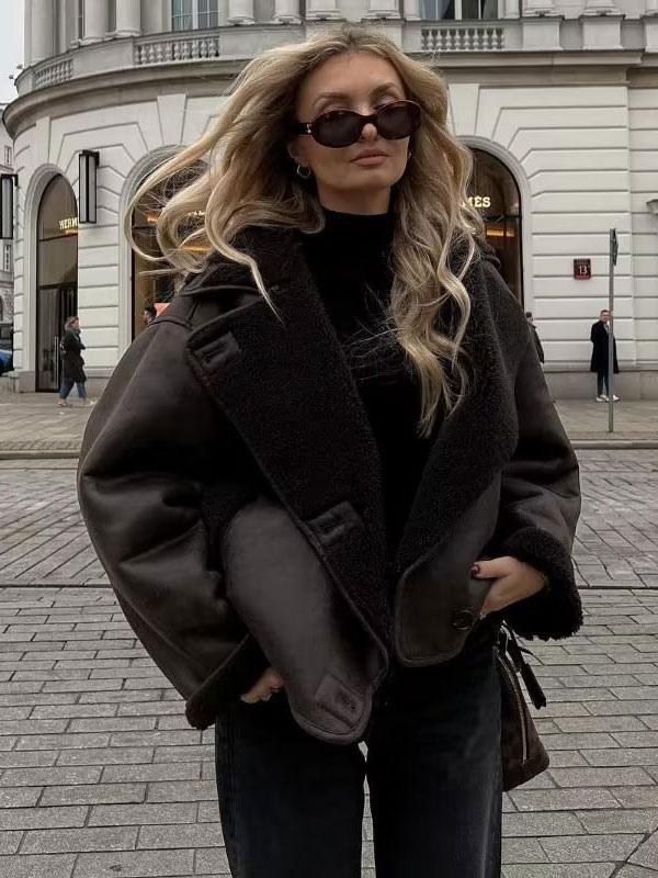 Anna |Krótka Kurtka Teddy Damska | Ciemnobrązowa Kurtka Zimowa w Stylu Skóry