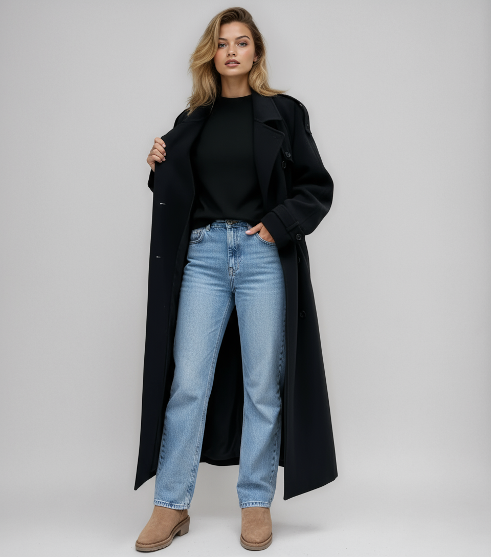 Długi dwurzędowy płaszcz zimowy z wełny – ciepły i stylowy w czerni